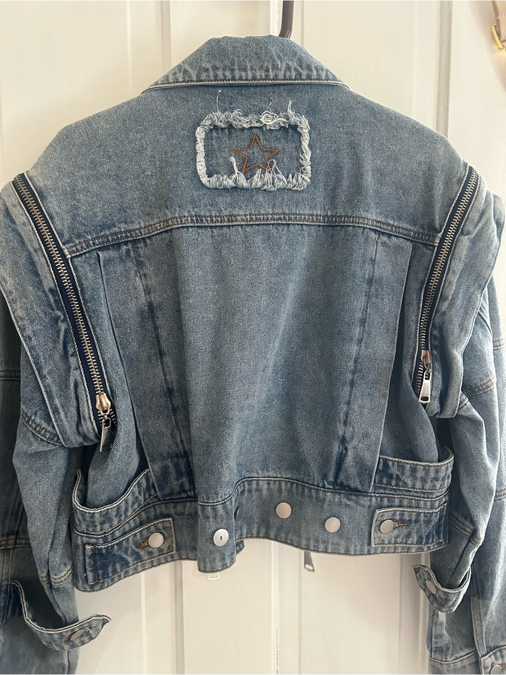 POL Light Blue Cropped Distressed Denim Jacket with Zips - Picture 4 of 4